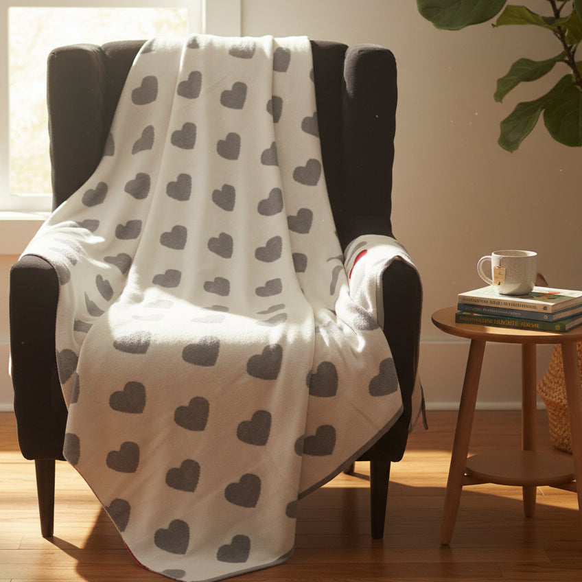 Pomme Cotton Knitted One Special Heart Throw (Ivory & Grey)