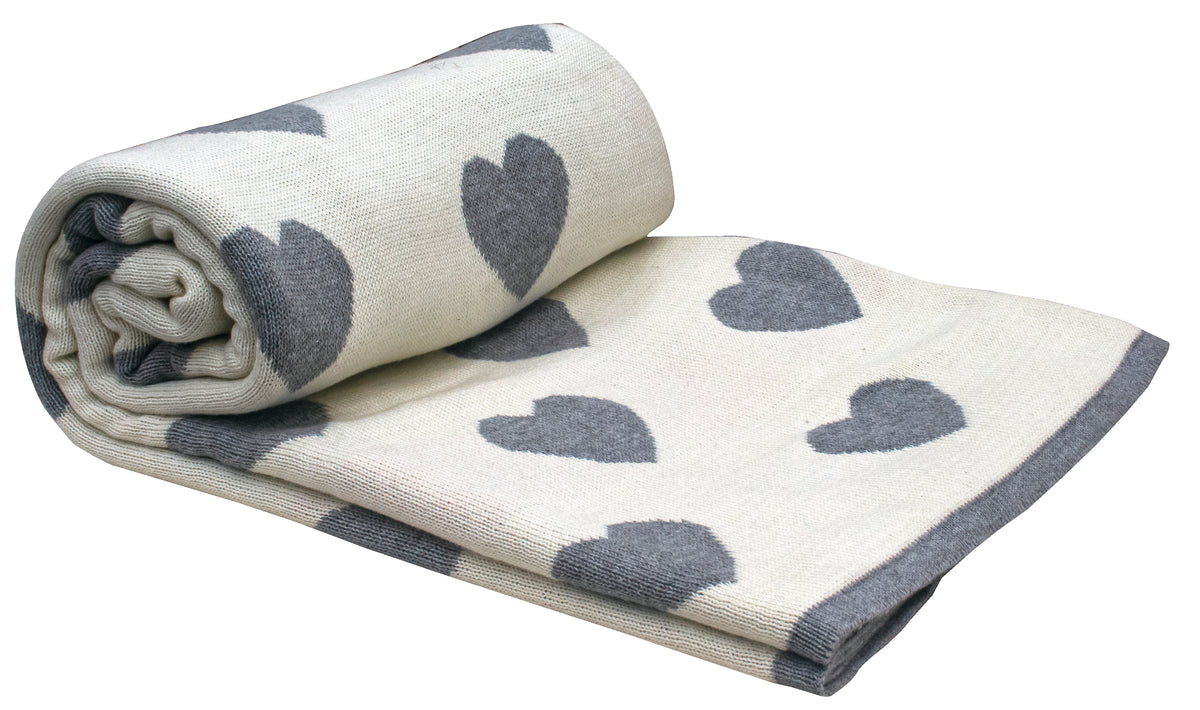 Pomme Cotton Knitted One Special Heart Throw (Ivory & Grey)