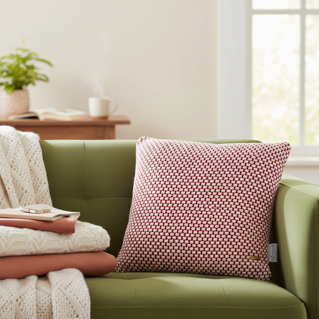 Pomme Bubble Knitted Decorative Cushion Cover (Red & Ivory)