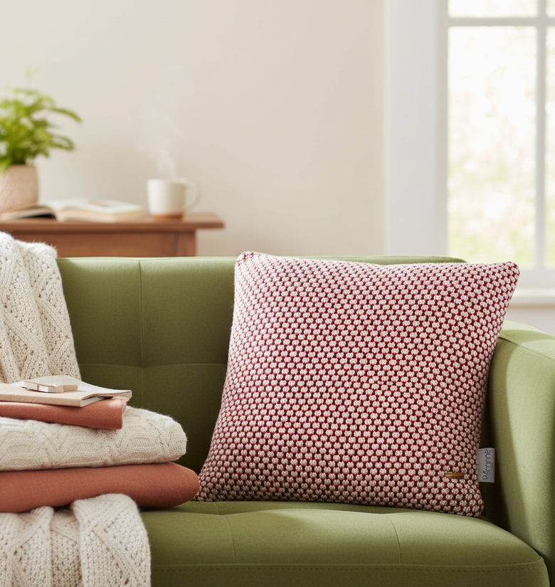 Pomme Bubble Knitted Decorative Cushion Cover (Red & Ivory)
