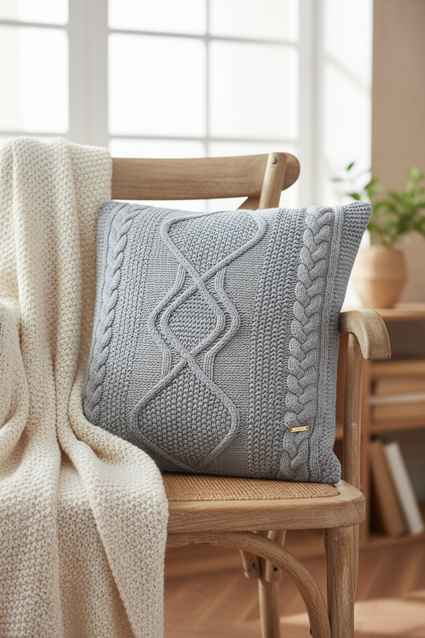 Pomme Cable Knitted Decorative Cushion Cover (Grey Melange)
