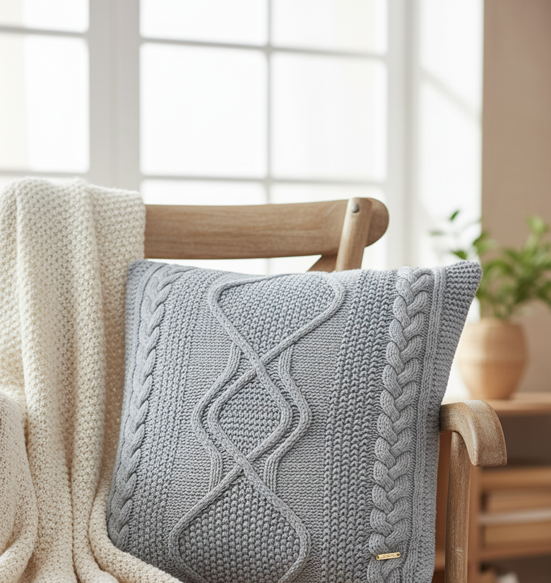Pomme Cable Knitted Decorative Cushion Cover (Grey Melange)