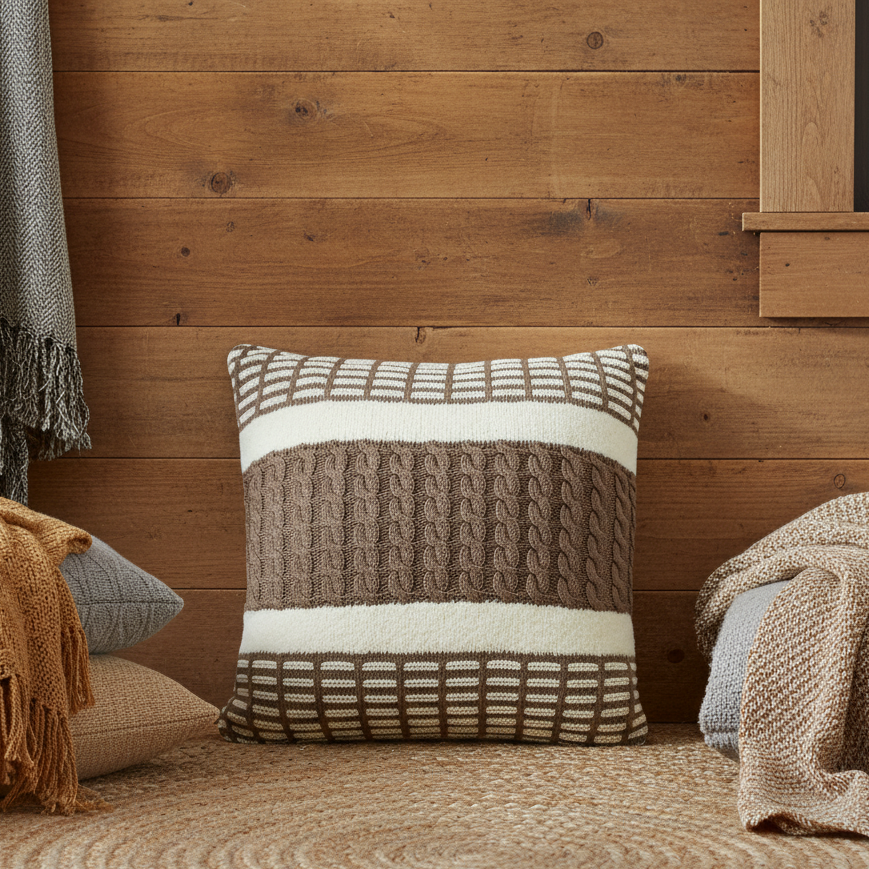 Pomme Chenille Cable Knitted Decorative Cushion Cover (Dark Beige)