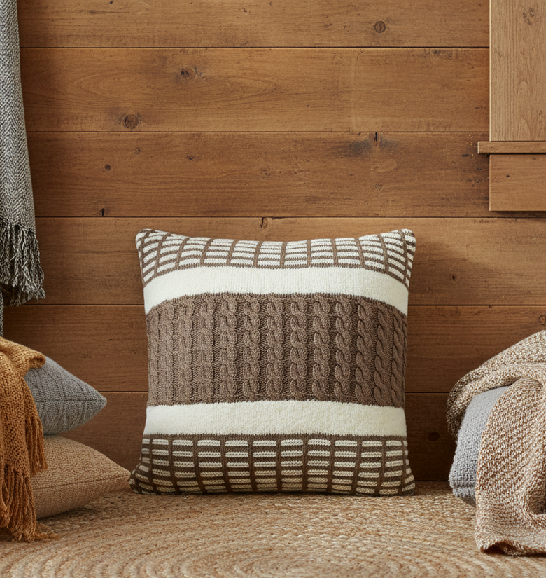 Pomme Chenille Cable Knitted Decorative Cushion Cover (Dark Beige)