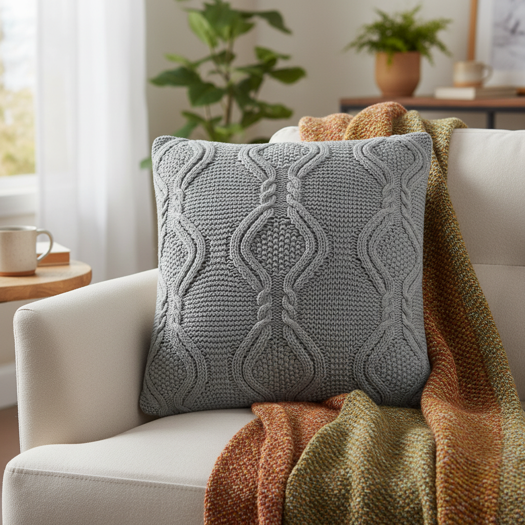 Pomme Cable Knitted Ogee Decorative Cushion Cover (Grey)