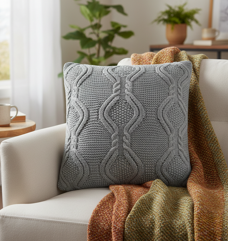 Pomme Cable Knitted Ogee Decorative Cushion Cover (Grey)