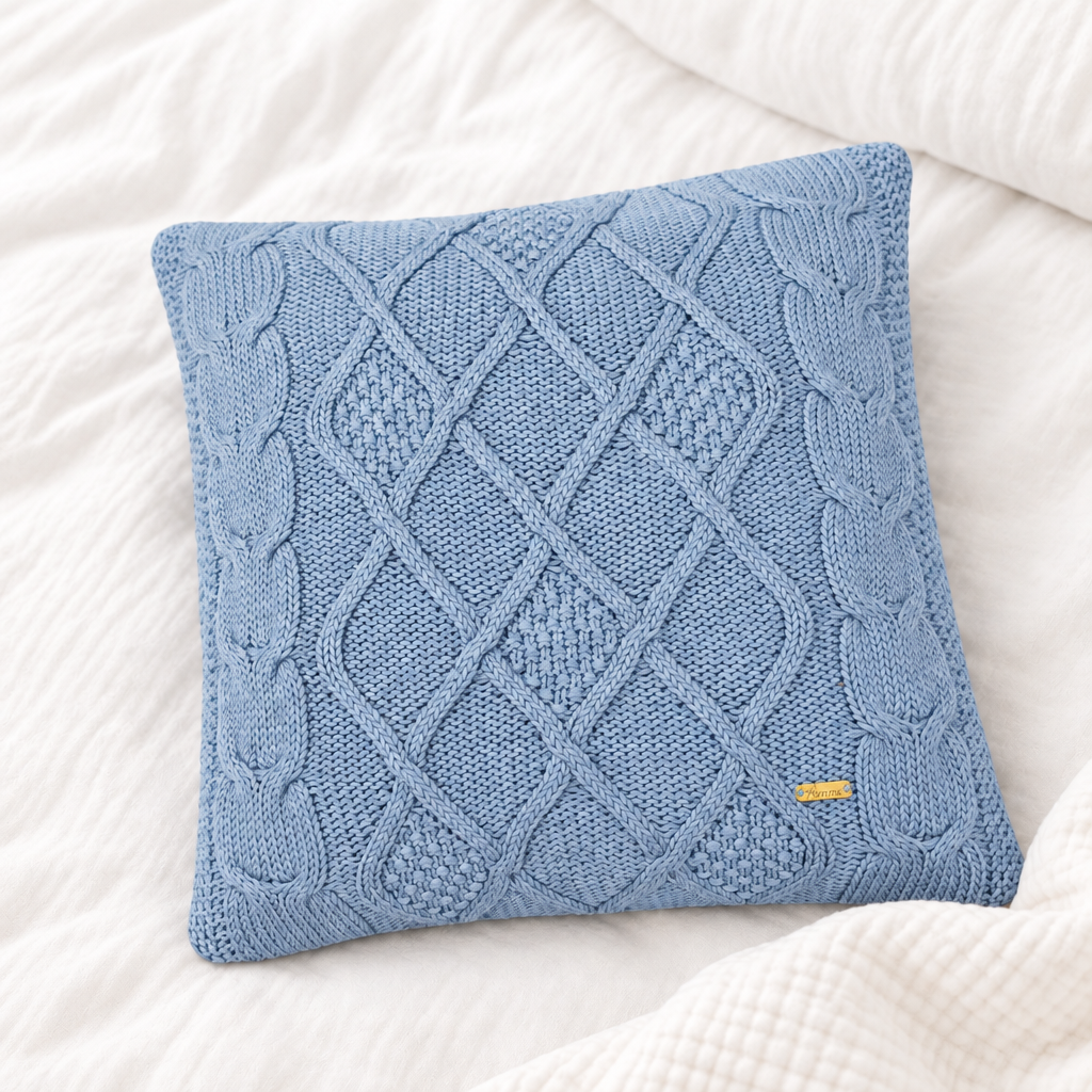 Pomme Cotton Knitted Decorative Cushion Cover Blue Cable  Texture Knit