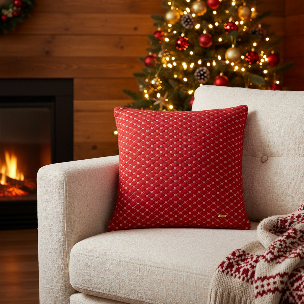 Pomme Quilted Cotton Decorative Cushion Cover (Red Melange & Ivory)