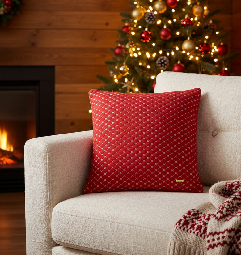 Pomme Quilted Cotton Decorative Cushion Cover (Red Melange & Ivory)