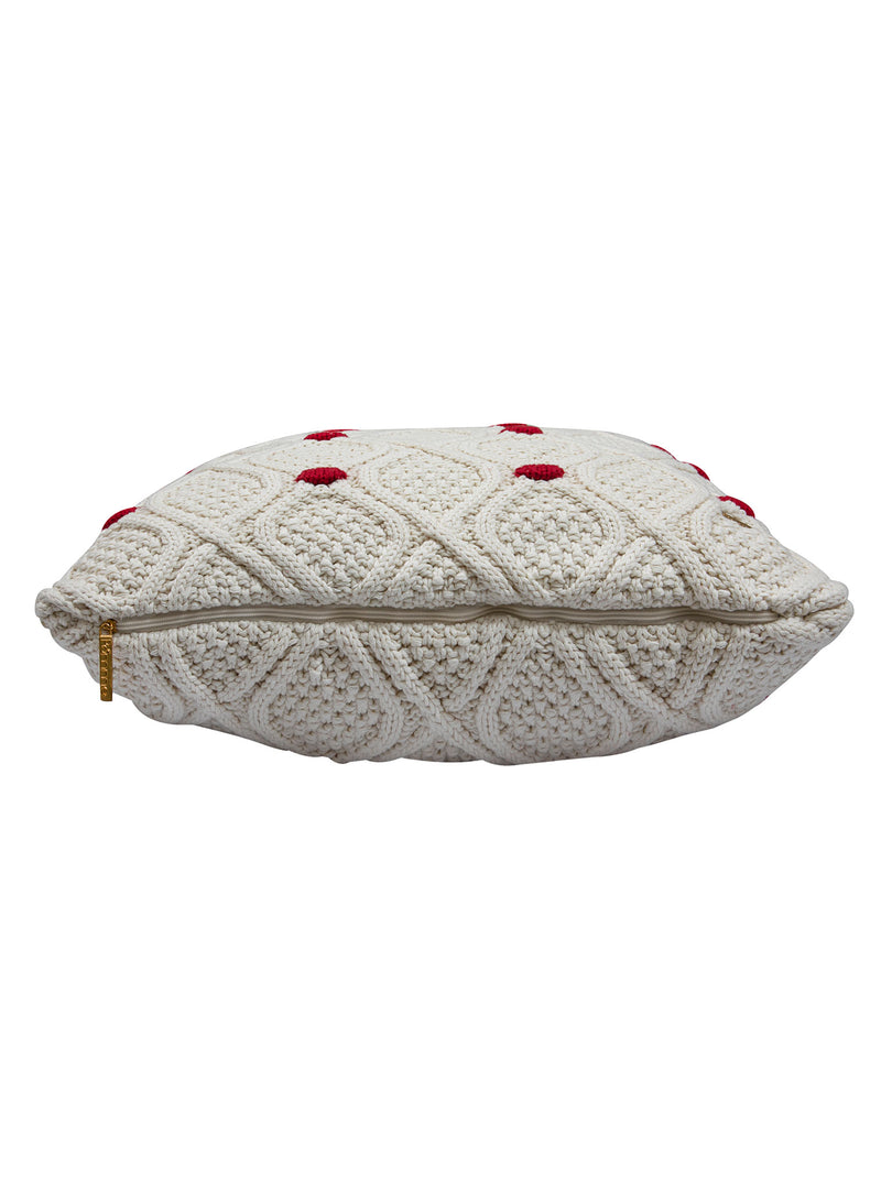 Pomme Cotton Knitted Decorative Cushion Cover Ivory Red Cable With Bubble Texture Knit