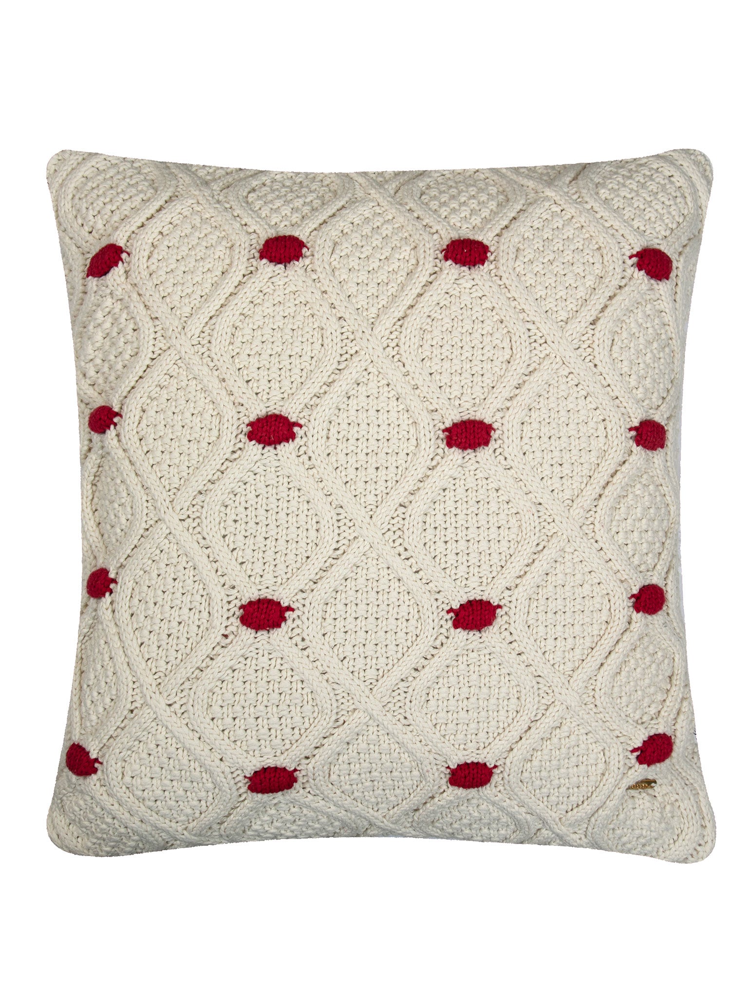 Pomme Cotton Knitted Decorative Cushion Cover Ivory Red Cable With Bubble Texture Knit