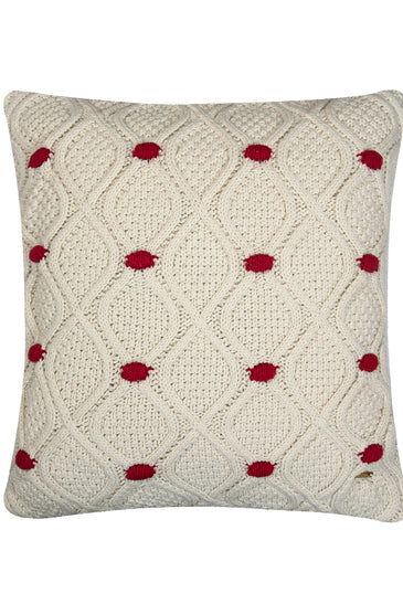 Pomme Cotton Knitted Decorative Cushion Cover Ivory Red Cable With Bubble Texture Knit