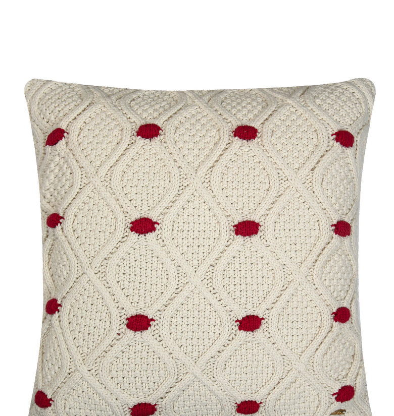 Pomme Cotton Knitted Decorative Cushion Cover Ivory Red Cable With Bubble Texture Knit