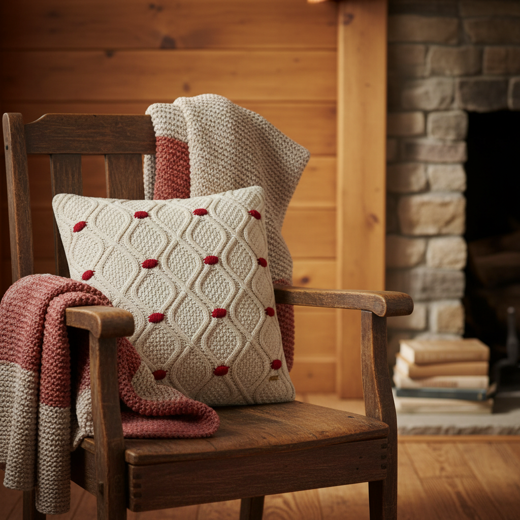 Pomme Bubble Cable Knitted Decorative Cushion Cover (Ivory & Red)