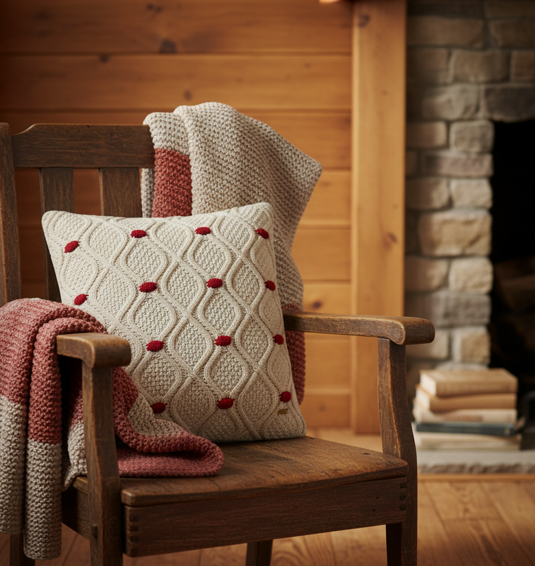 Pomme Bubble Cable Knitted Decorative Cushion Cover (Ivory & Red)