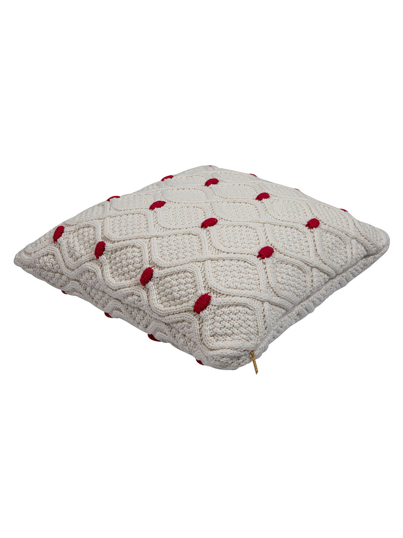 Pomme Cotton Knitted Decorative Cushion Cover Ivory Red Cable With Bubble Texture Knit