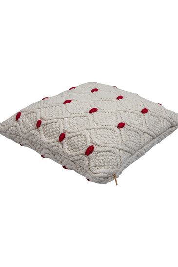 Pomme Cotton Knitted Decorative Cushion Cover Ivory Red Cable With Bubble Texture Knit