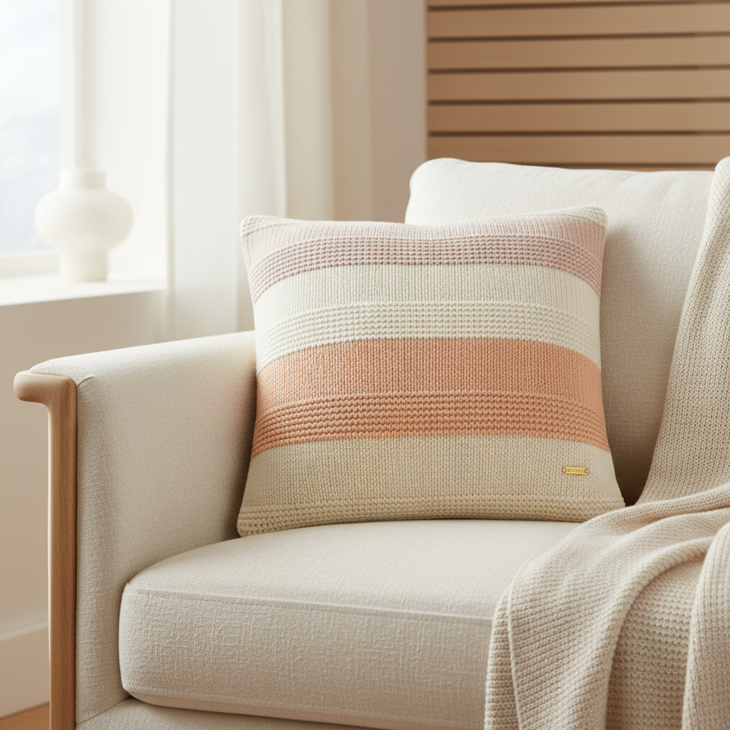 Pomme Cotton Knitted Broad Striped Decorative Cushion Cover (Blush & Ivory)