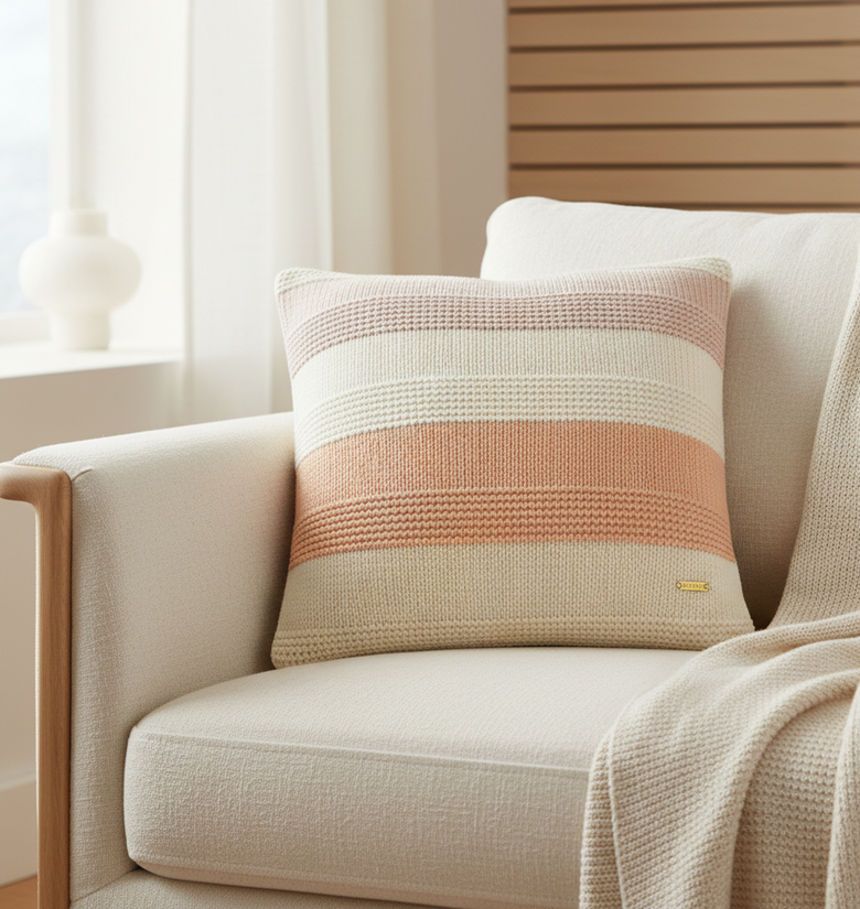 Pomme Cotton Knitted Broad Striped Decorative Cushion Cover (Blush & Ivory)