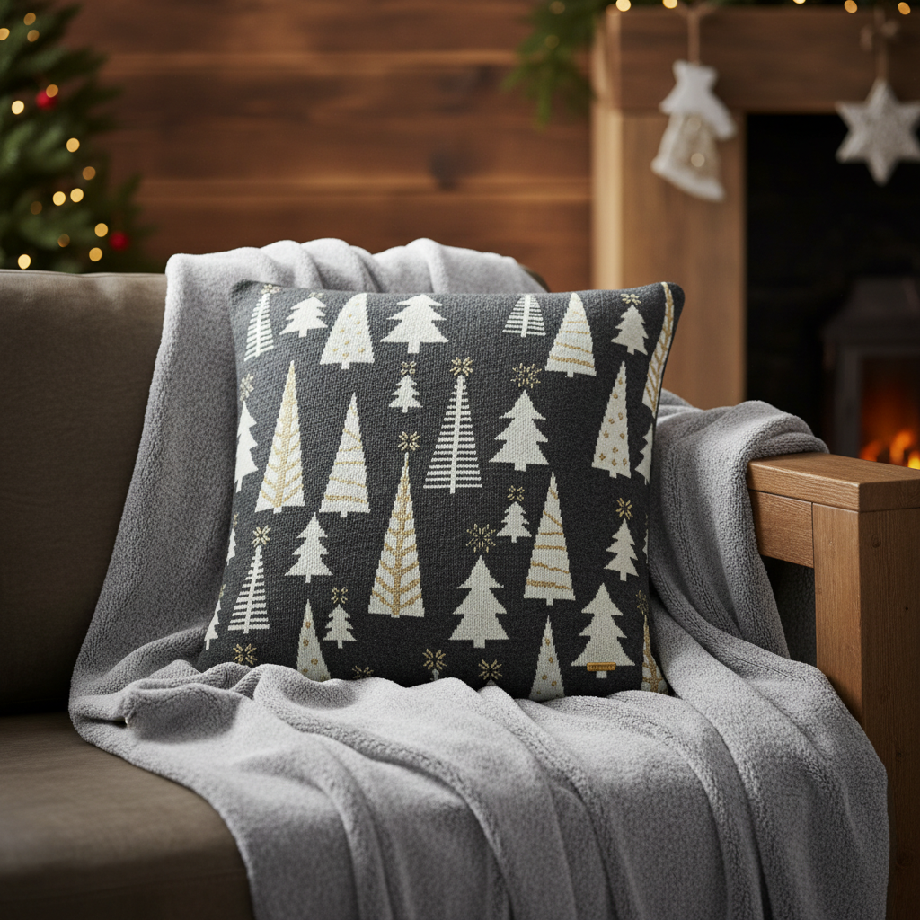 Pomme Cotton Knitted Decorative Christmas Trees Cushion Cover (Dark Grey & Ivory)