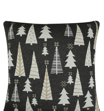 Pomme Cotton Knitted Decorative Cushion Cover Dk Grey Ivory Christmas Tree Pattern
