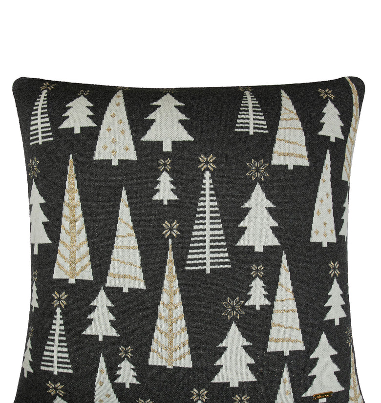 Pomme Cotton Knitted Decorative Cushion Cover Dk Grey Ivory Christmas Tree Pattern