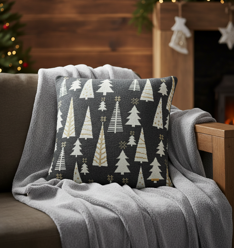 Pomme Cotton Knitted Decorative Christmas Trees Cushion Cover (Dark Grey & Ivory)