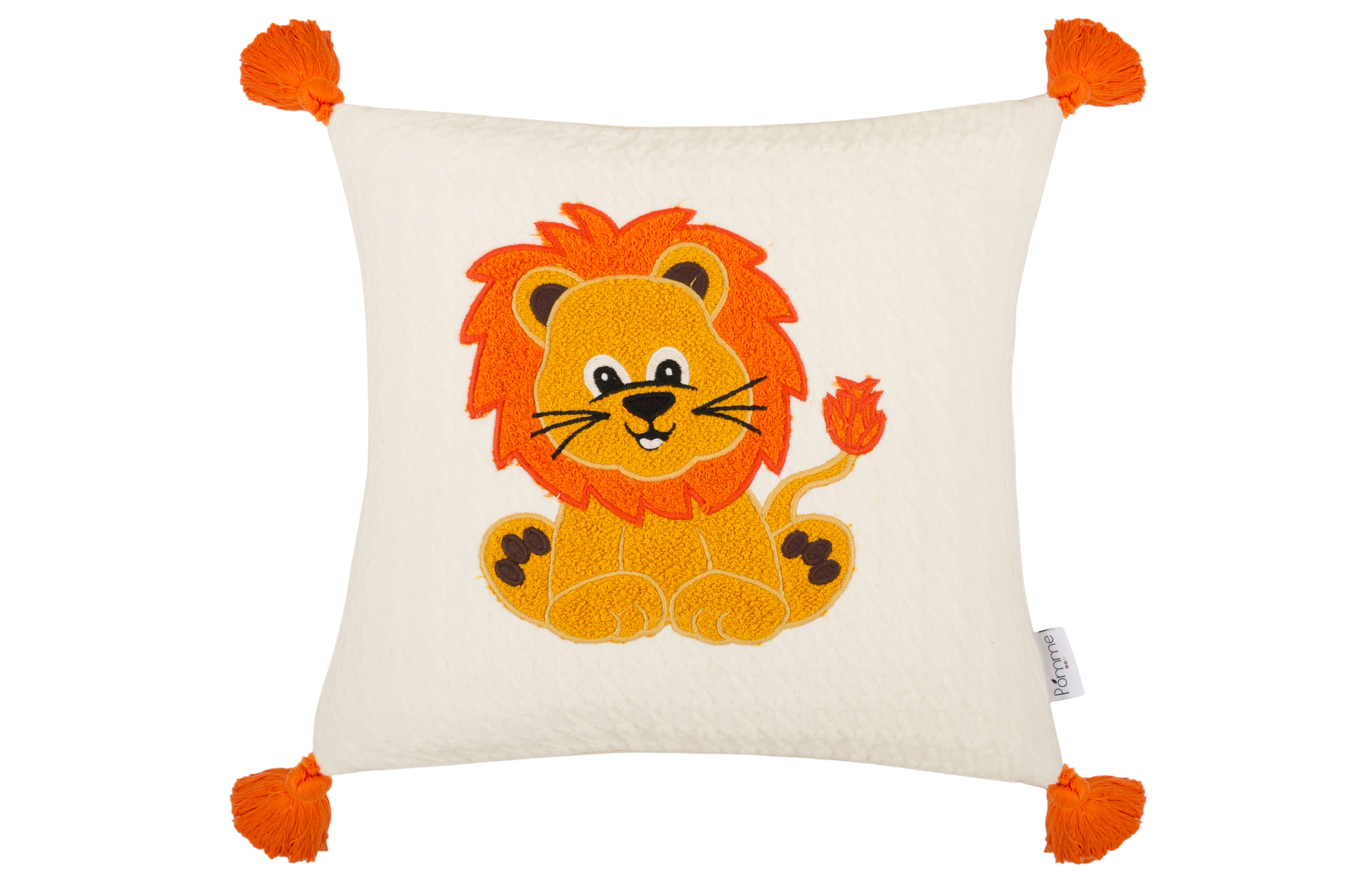 Kids Cushion Cover With Cute Quilt Lion Pattern Ivory/Neon Orange/ Golden Glow