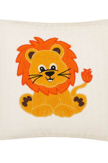 Kids Cushion Cover With Cute Quilt Lion Pattern Ivory/Neon Orange/ Golden Glow