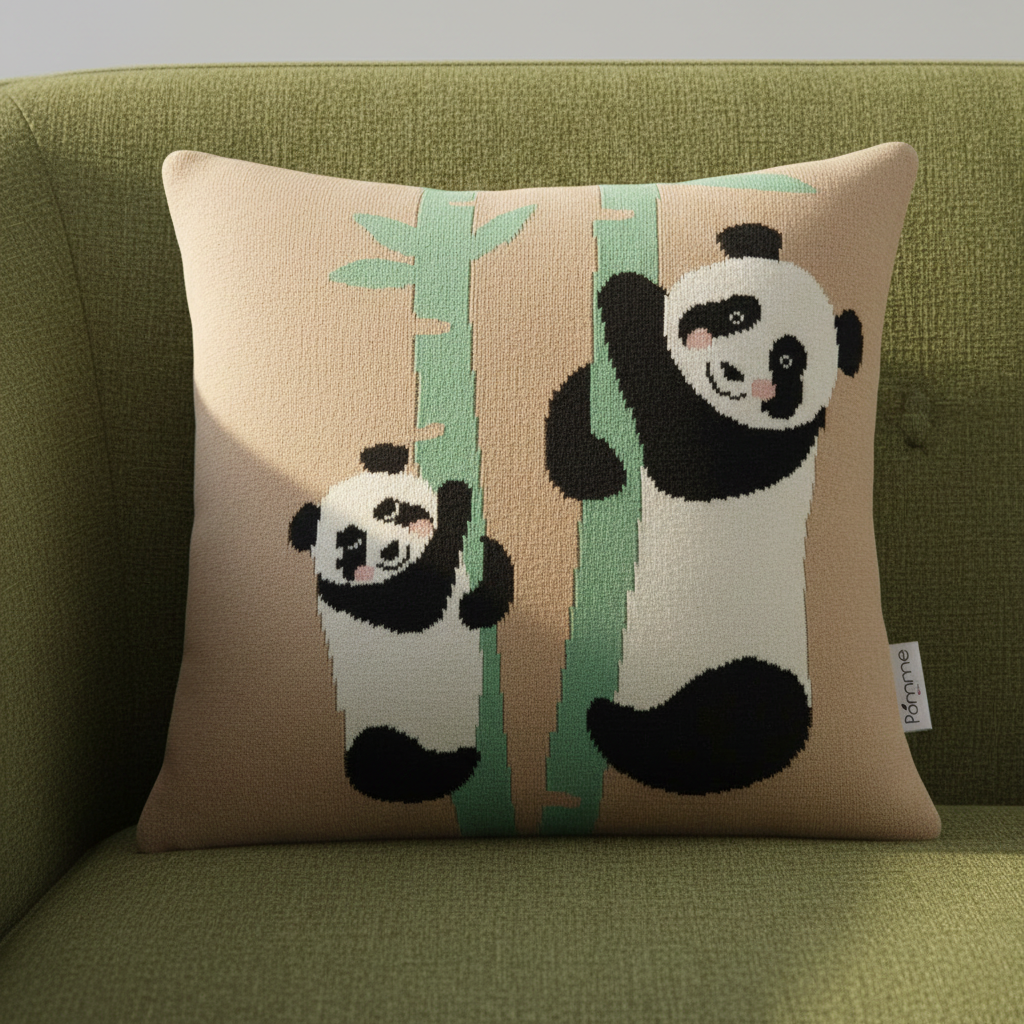Pomme Cotton Knitted Cushion Cover with Pandas and Bamboos
