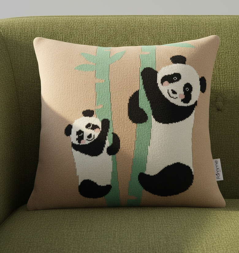 Pomme Cotton Knitted Cushion Cover with Pandas and Bamboos