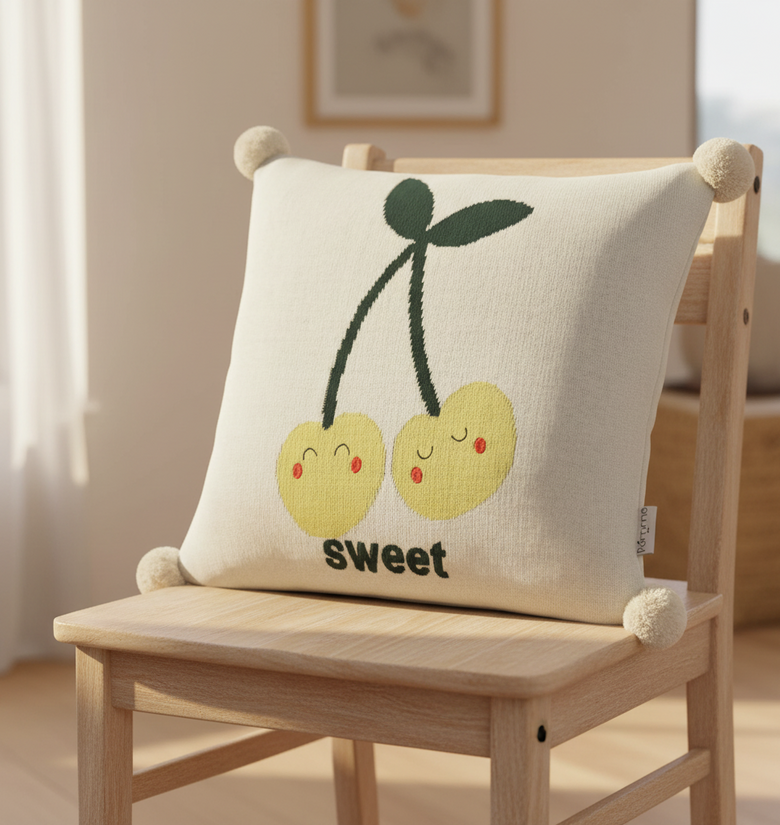 Pomme Cotton Knitted Sweet Yellow Cherry Cushion Cover