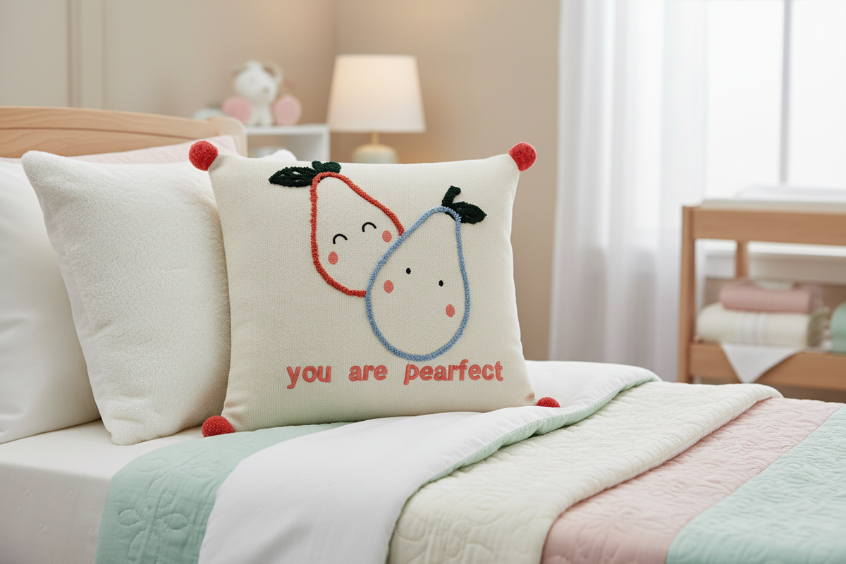Pomme Cotton Knitted You Are Pearfect Kids Cushion Cover with Pom-Poms (Ivory)