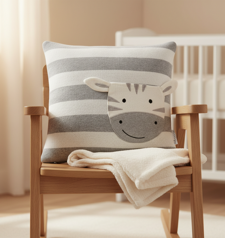 Pomme Striped Cushion Cover With Pocket Baby Zebra (Melange Grey & Ivory)