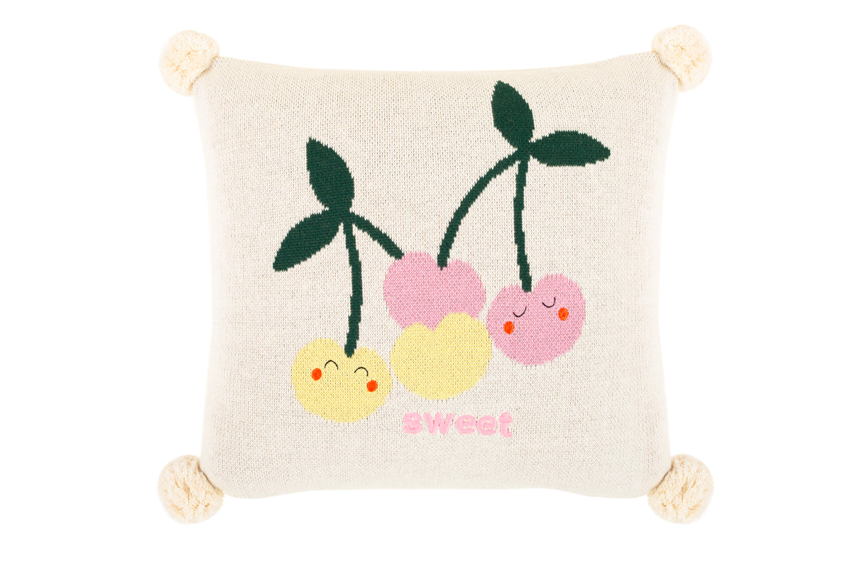 Pomme Cotton Knitted Sweet Cherries Cushion Cover (Ivory & Aurora & Mouve)