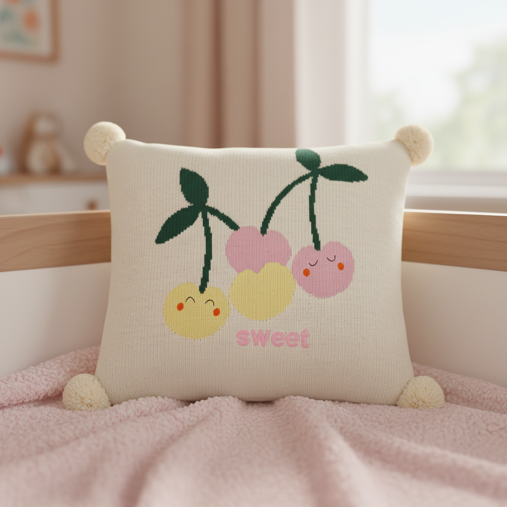 Pomme Cotton Knitted Sweet Cherries Cushion Cover (Ivory & Aurora & Mouve)