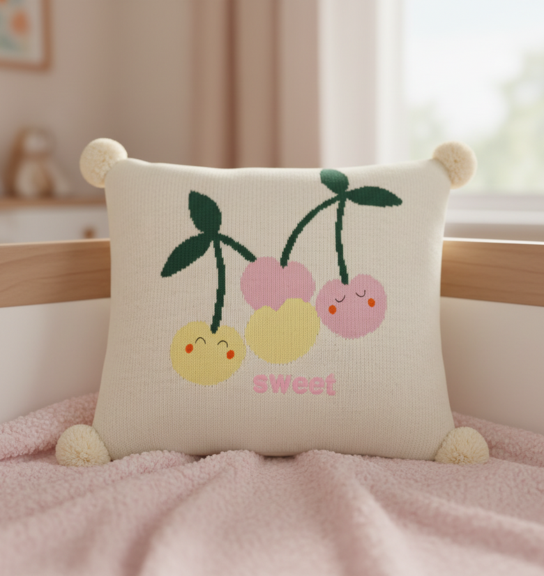Pomme Cotton Knitted Sweet Cherries Cushion Cover (Ivory & Aurora & Mouve)