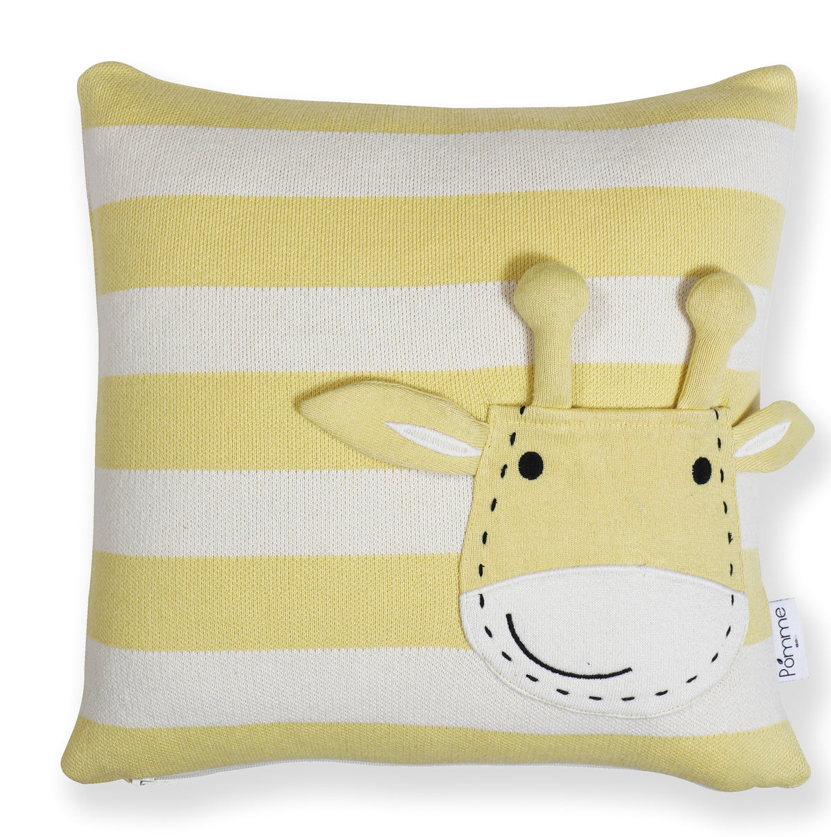 Pomme Striped Cushion Cover With Cute Giraffe Pocket (Ivory & Aurora)