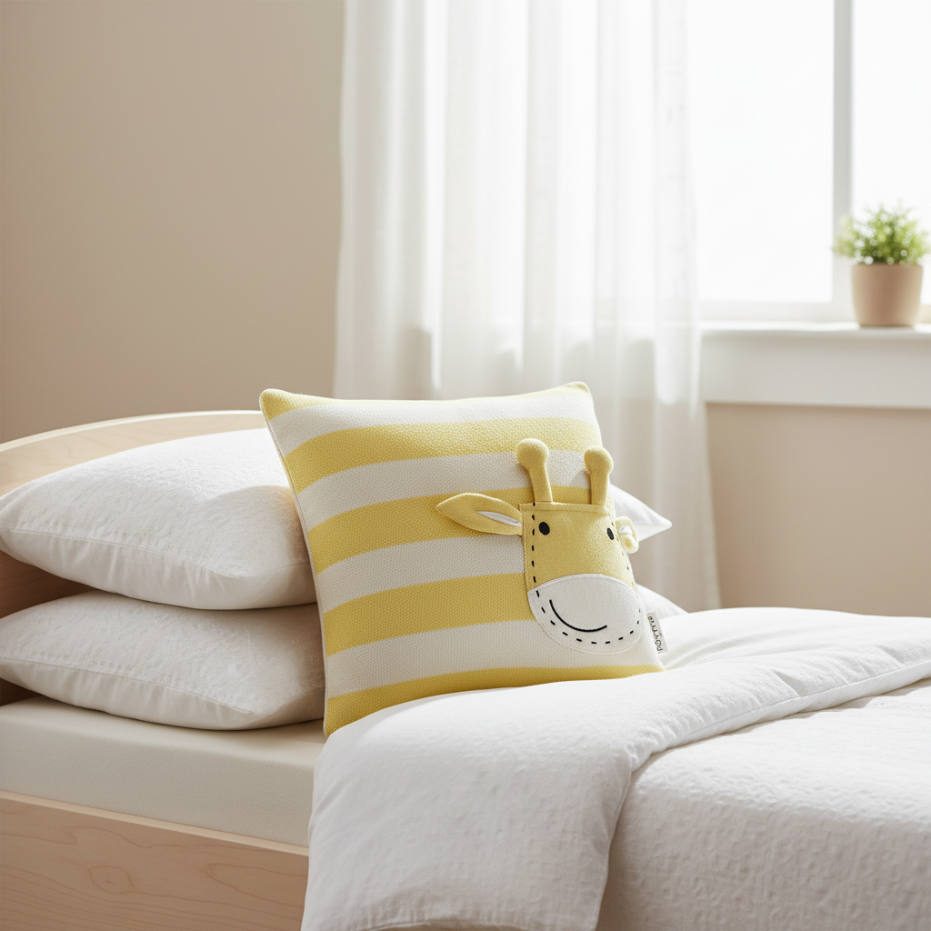 Pomme Striped Cushion Cover With Cute Giraffe Pocket (Ivory & Aurora)