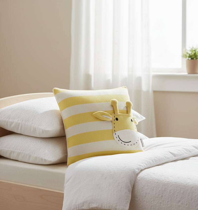 Pomme Striped Cushion Cover With Cute Giraffe Pocket (Ivory & Aurora)