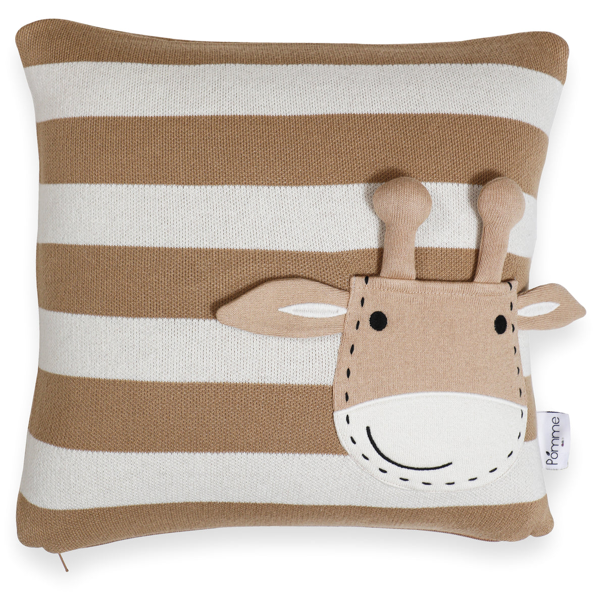 Pomme Striped Cushion Cover With Cute Giraffe Pocket (Ivory & Tanin)