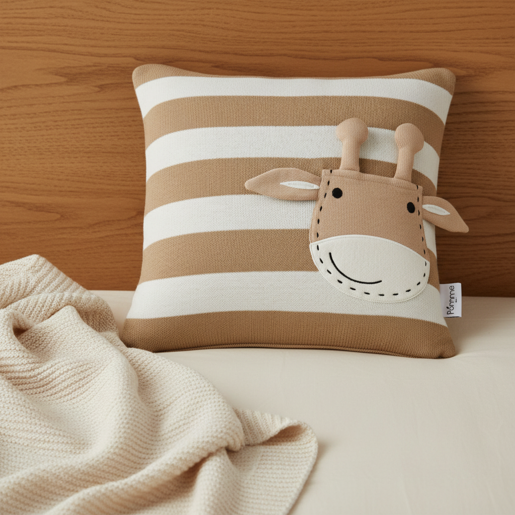 Pomme Striped Cushion Cover With Cute Giraffe Pocket (Ivory & Tanin)