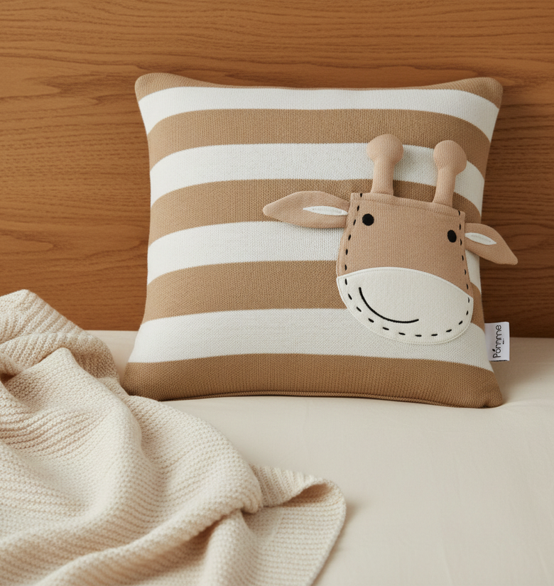 Pomme Striped Cushion Cover With Cute Giraffe Pocket (Ivory & Tanin)