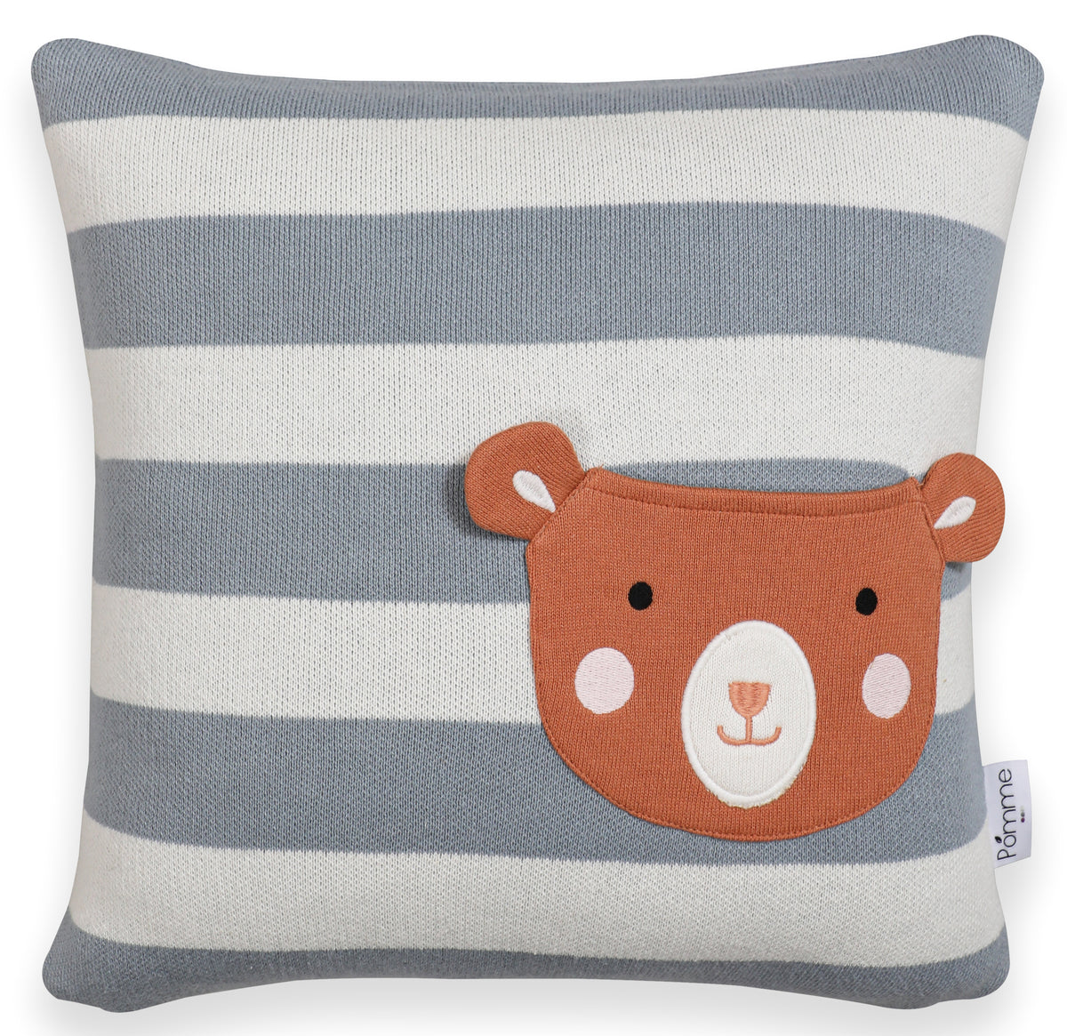 Pomme Striped Cushion Cover With a Pocket Ember Brown Bear (Ivory & Grey Melange )