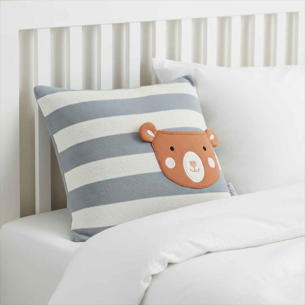 Pomme Striped Cushion Cover With a Pocket Ember Brown Bear (Ivory & Grey Melange )