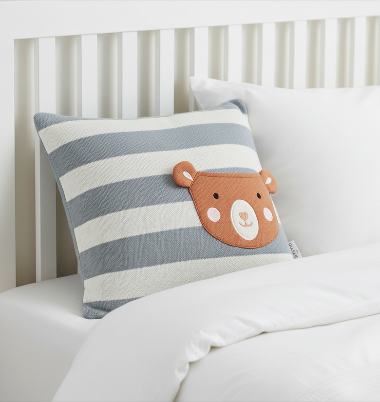 Pomme Striped Cushion Cover With a Pocket Ember Brown Bear (Ivory & Grey Melange )
