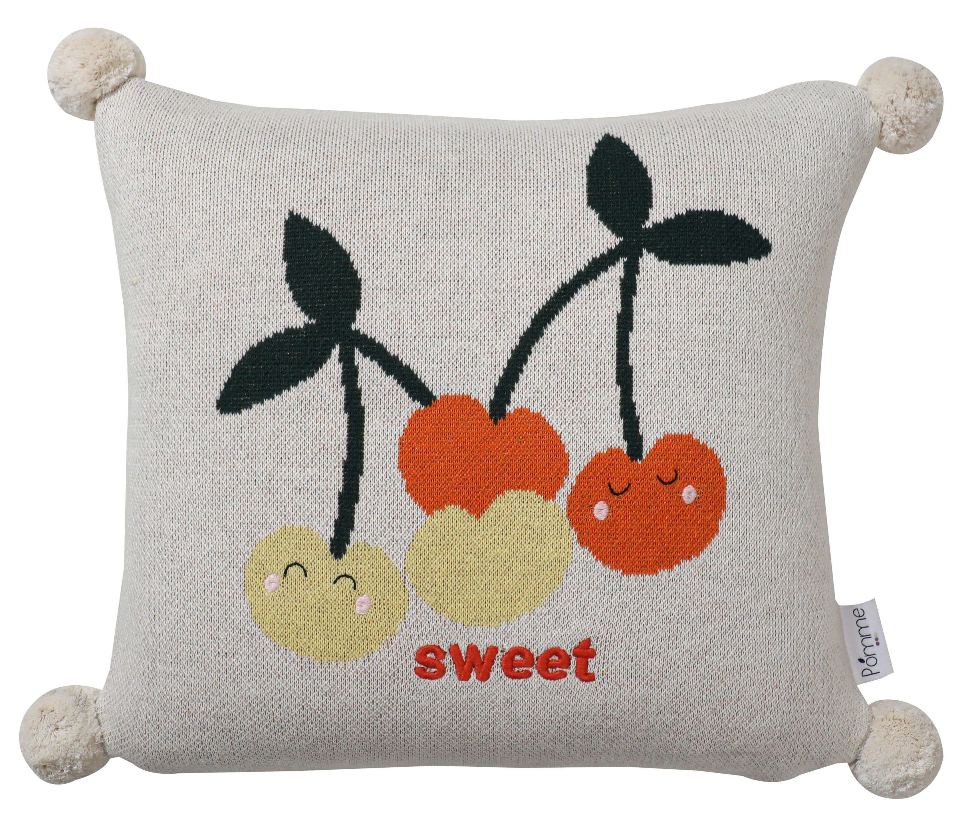 Kids Cushion Cover With Cute Cherry Pattern Ivory Neon Orange  Jungle Green