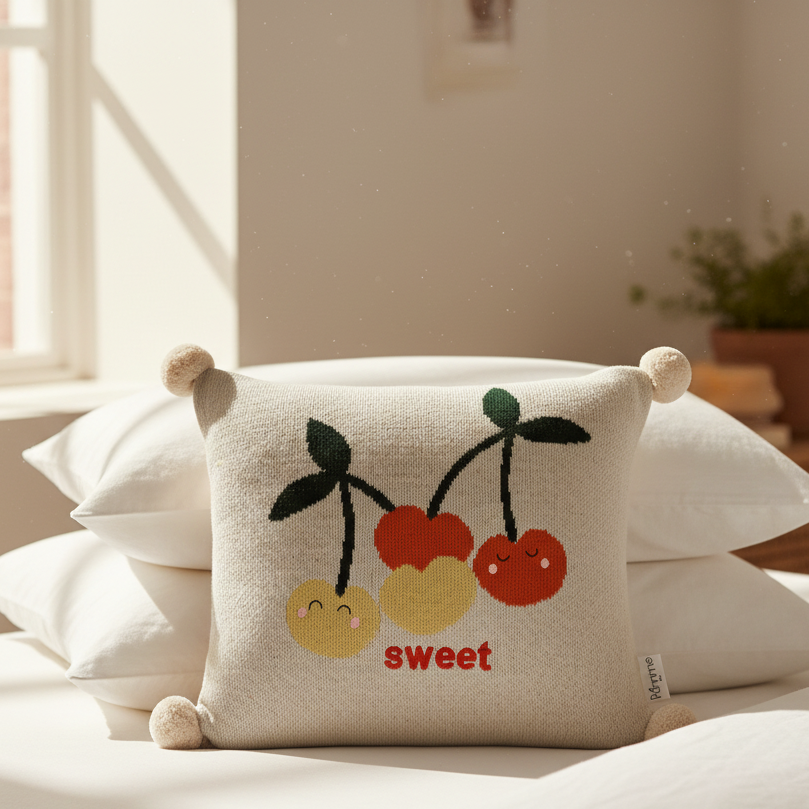 Pomme Cotton Knitted Sweet Cherries Cushion Cover