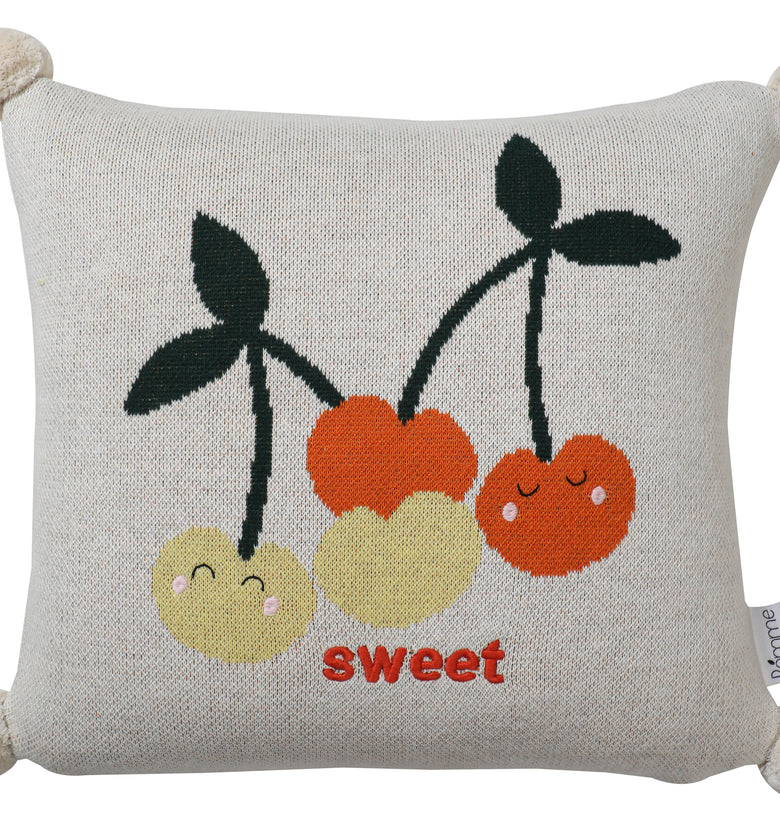 Kids Cushion Cover With Cute Cherry Pattern Ivory Neon Orange  Jungle Green