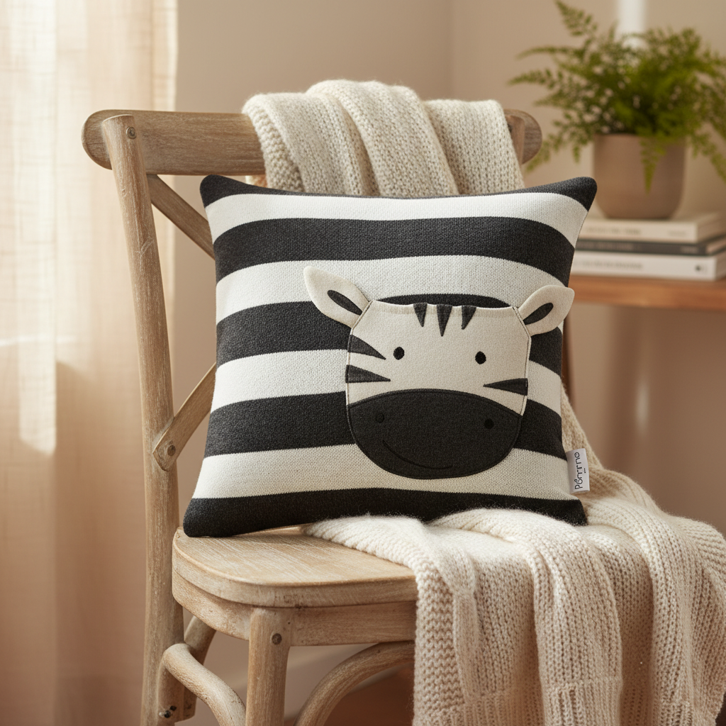 Pomme Striped Cushion Cover With Pocket Baby Zebra (Dark Grey & Ivory)